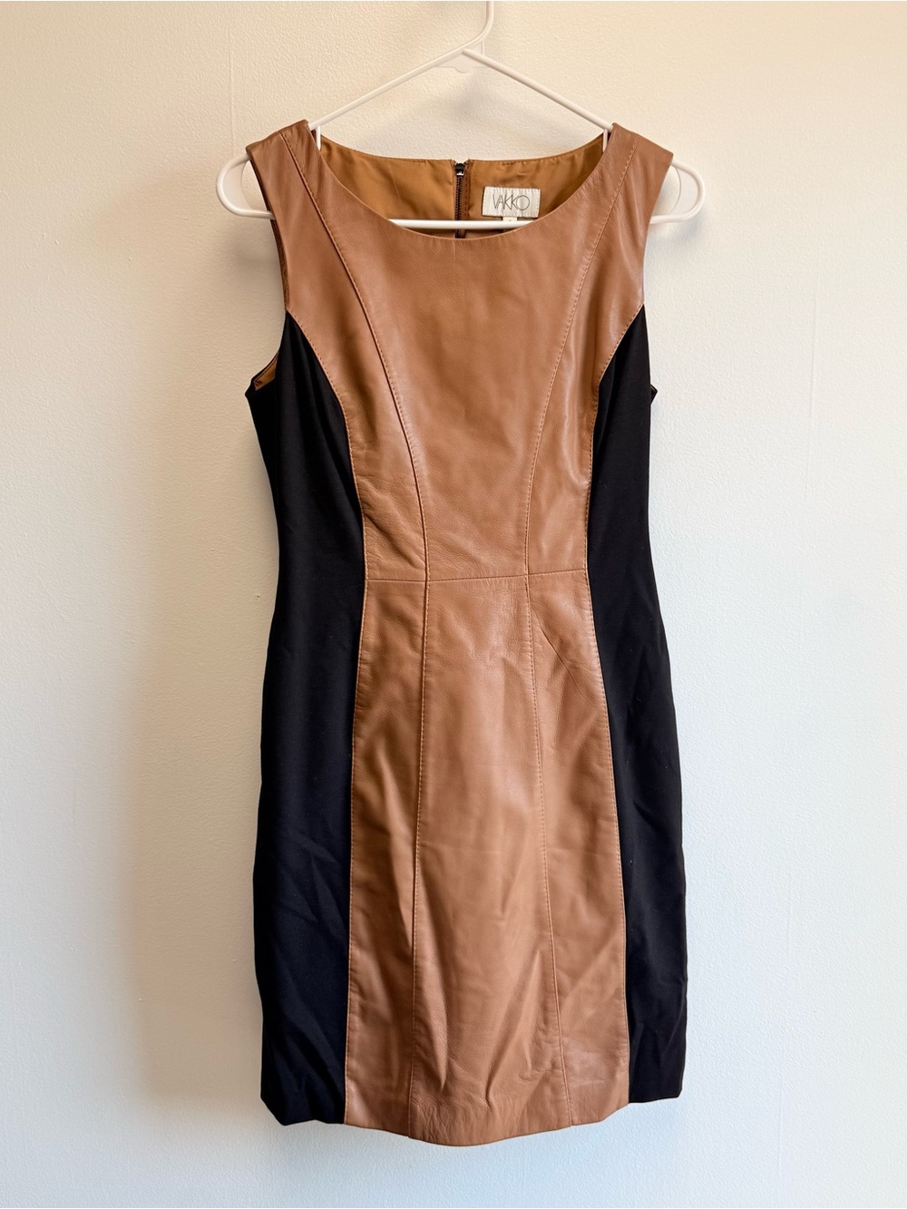 Vakko Camel Tan Genuine Leather Contrast Panel Sleeveless Stretch Sheath Dress 6